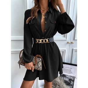 Lantern Sleeve Shirt Dress long sleeve button down black